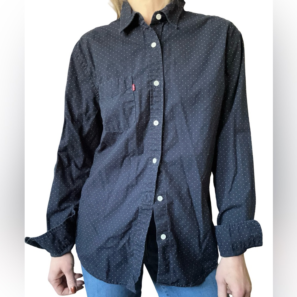 Vtg Men’s Levi’s Navy Polka Dot Button Down Cotton Shirt Standard Fit Unisex - Picture 4 of 12